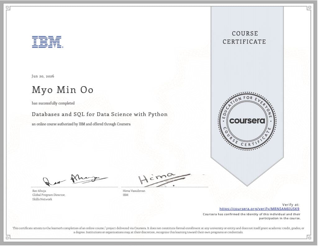 Databases and SQL for Data Science with Python certificate