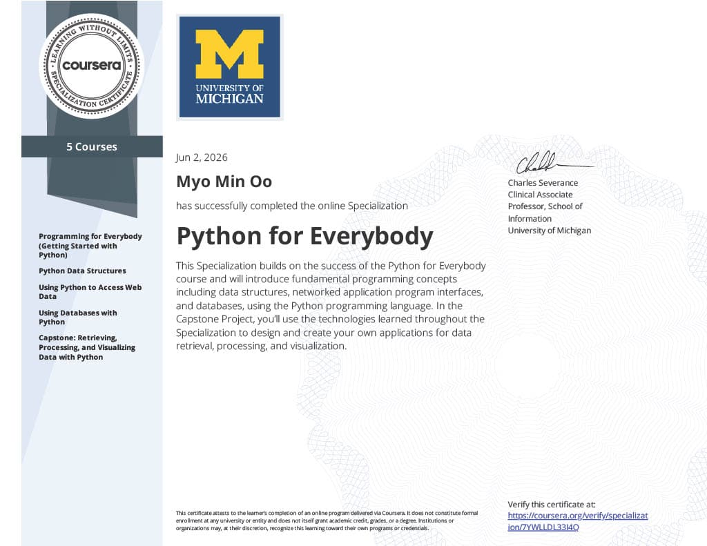 Python for Everybody Specialization certificate