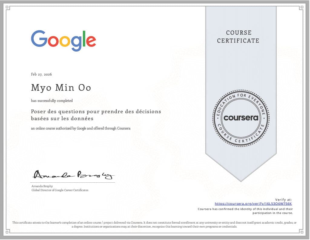 Ask Questions to Make Data-Driven Decisions certificate